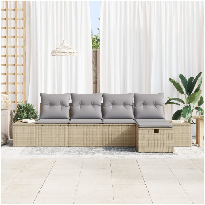 5-delars Trädgårdsoffgrupp med kuddar i beige poly-rattan vidaXL 239 x 117 x 85 cm – bild 3