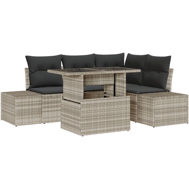5-delars trädgårdsoffgrupp med kuddar i ljusgrå poly rattan vidaXL 100 x 55 x 73 cm – bild 2