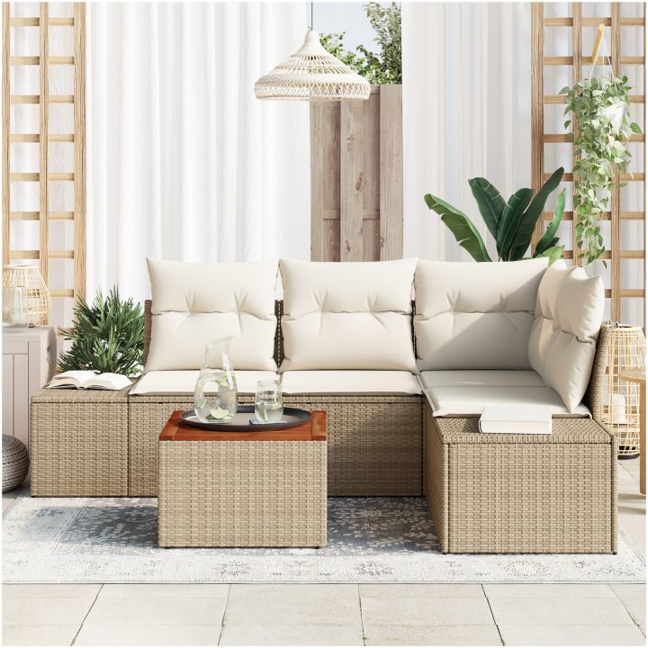 5-delars trädgårdsoffor med kuddar i beige poly-rattan och akacia vidaXL 55 x 55 x 37 cm – bild 3