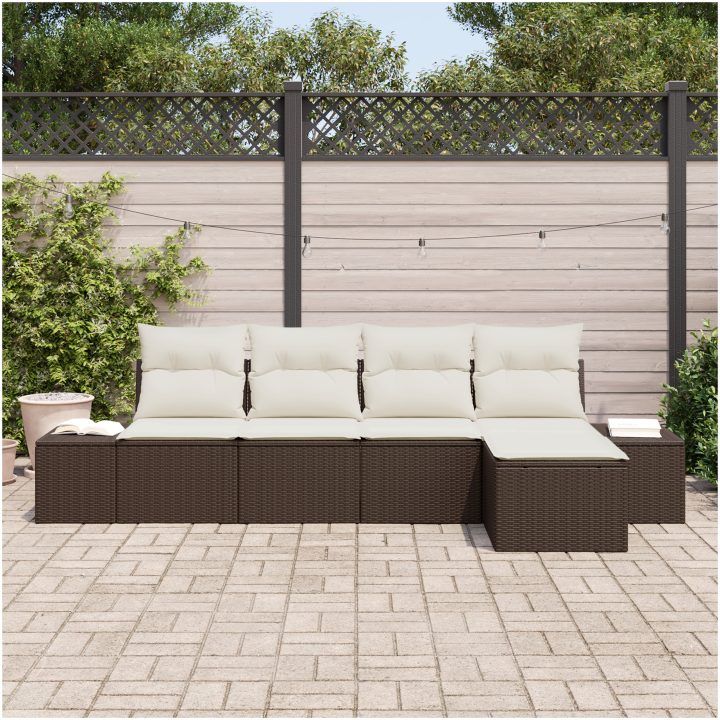 5-delars trädgårdsoffor set med kuddar - brun poly rattan vidaXL 294 x 117 x 85 cm – bild 3