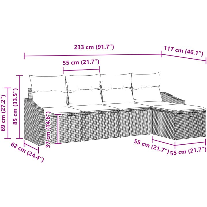 5-delars trädgårdsoffset med beige kuddar i polyrotting vidaXL 233 x 117 x 85 cm – bild 9