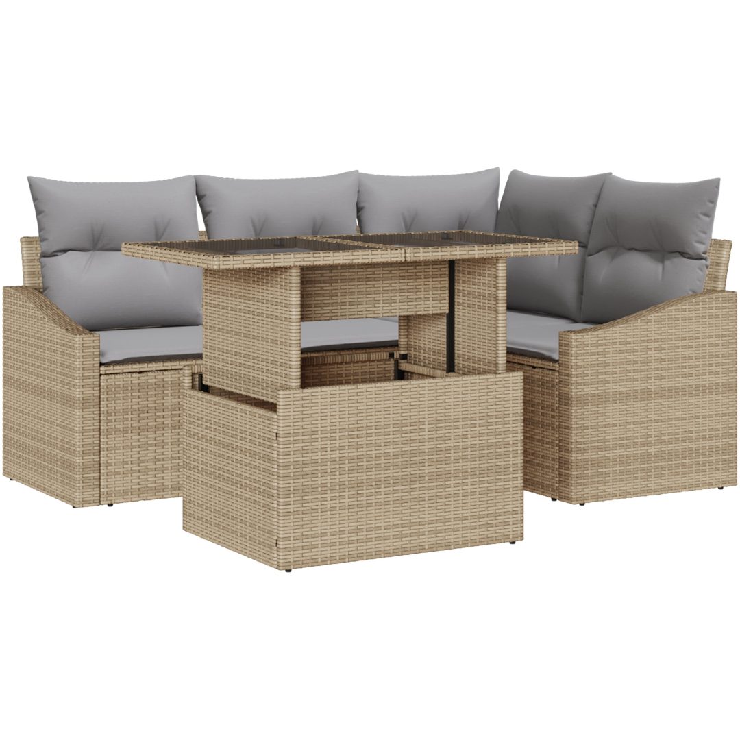 5-delars trädgårdsoffset med kuddar Beige Poly Rattan vidaXL 100 x 55 x 73 cm – bild 2