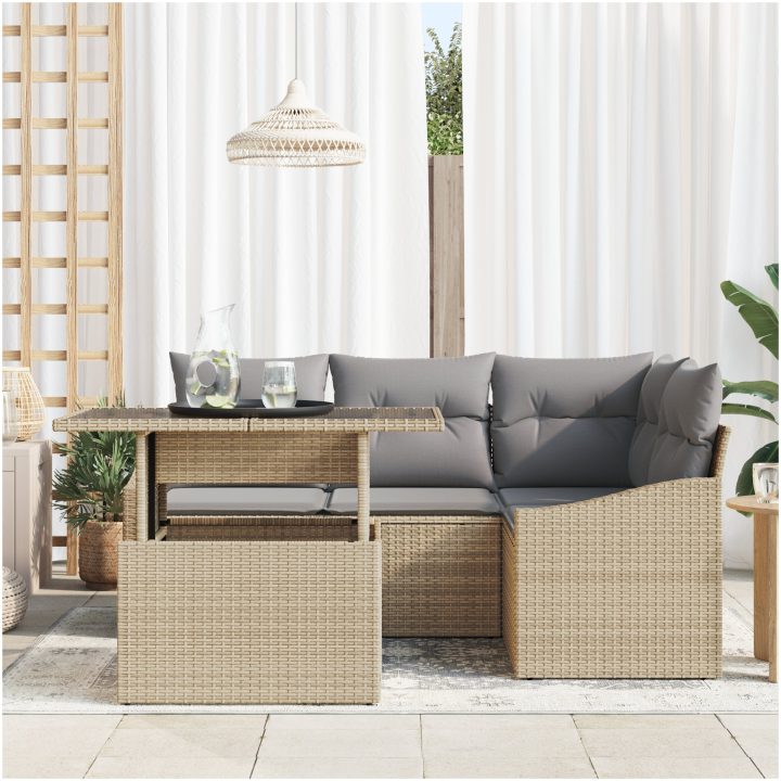 5-delars trädgårdsoffset med kuddar Beige Poly Rattan vidaXL 100 x 55 x 73 cm – bild 3