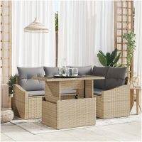 5-delars trädgårdsoffset med kuddar Beige Poly Rattan vidaXL