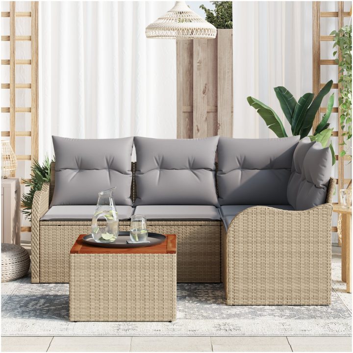 5-delars trädgårdsoffset med kuddar Beige Poly Rotting Akacia vidaXL Stor – bild 3