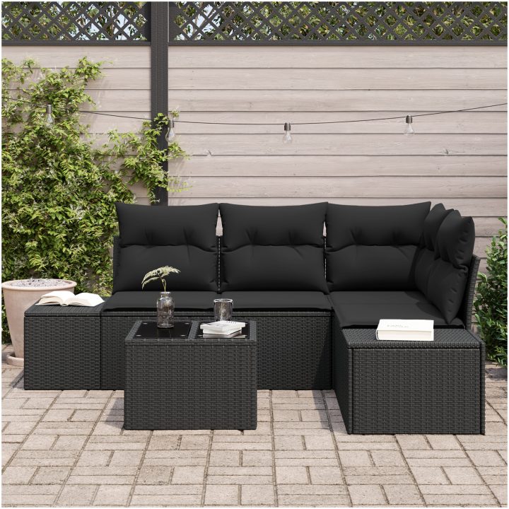 5-delars trädgårdsoffset med kuddar beige polyrotting vidaXL 209 x 154 x 85 cm – bild 3