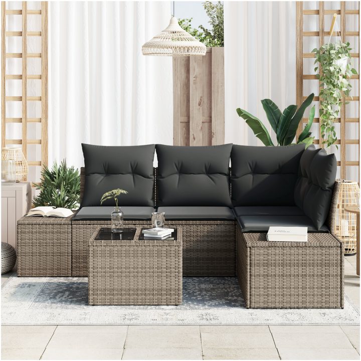 5 Delars Trädgårdsoffset med kuddar i grå poly-rattan vidaXL 55 x 55 x 37 cm – bild 3