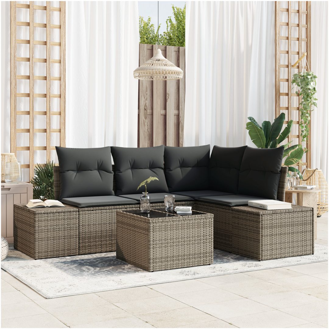 5 Delars Trädgårdsoffset med kuddar i grå poly-rattan vidaXL 55 x 55 x 37 cm