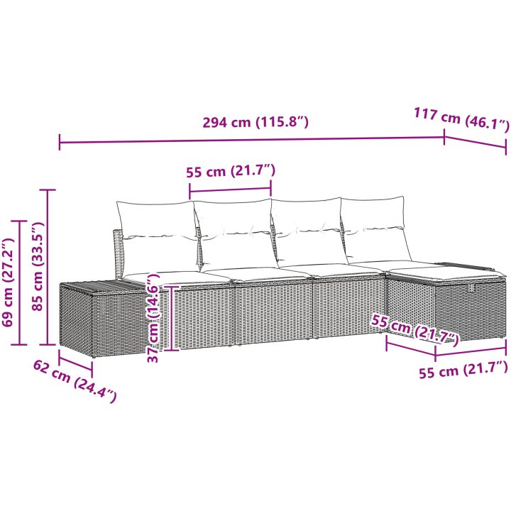 5-delars trädgårdsoffset med kuddar i grå polyrotting vidaXL 239 x 117 x 85 cm – bild 9