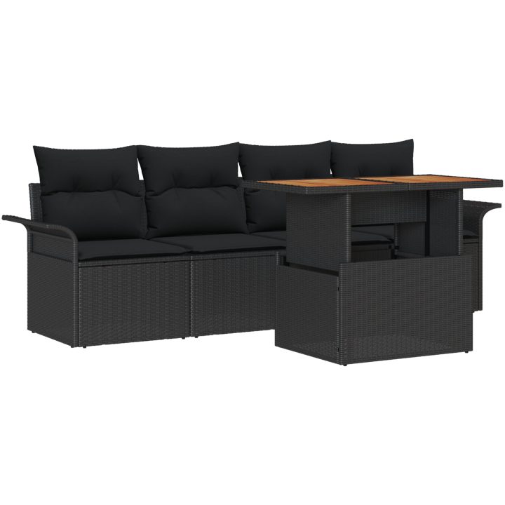 5-delars trädgårdsoffset med kuddar i svart poly-rattan och akacia vidaXL 100 x 55 x 73 cm – bild 2
