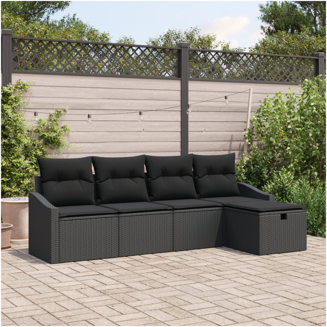 5-delars trädgårdsoffset med kuddar i svart polyrotting vidaXL 233 x 117 x 85 cm