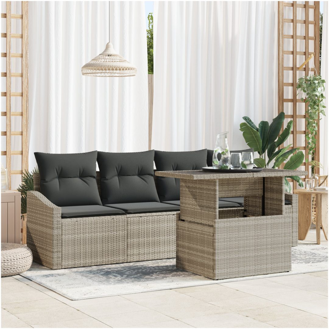 5-delars Trädgårdsoffset med Kuddar Ljusgrå Poly Rattan vidaXL 100 x 55 x 73 cm