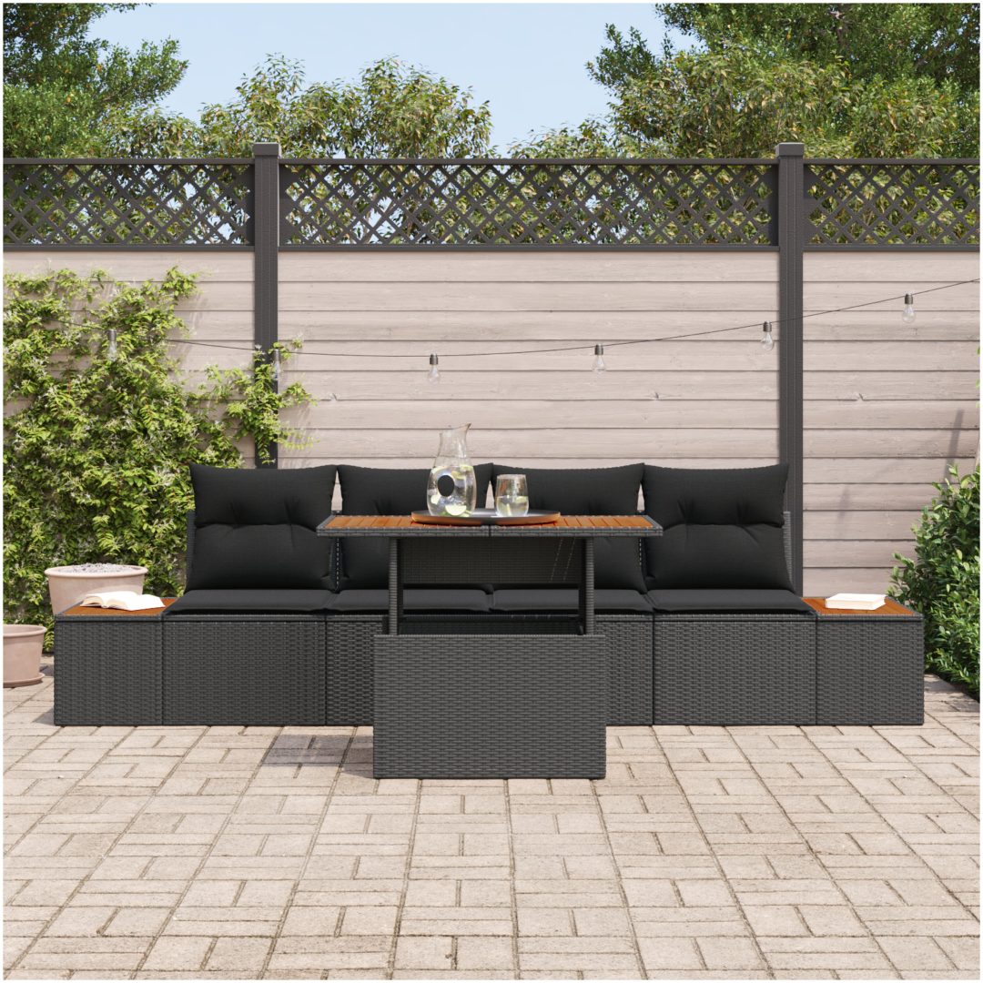 5-delars trädgårdsoffset med kuddar, svart poly rattan vidaXL Stor – bild 3