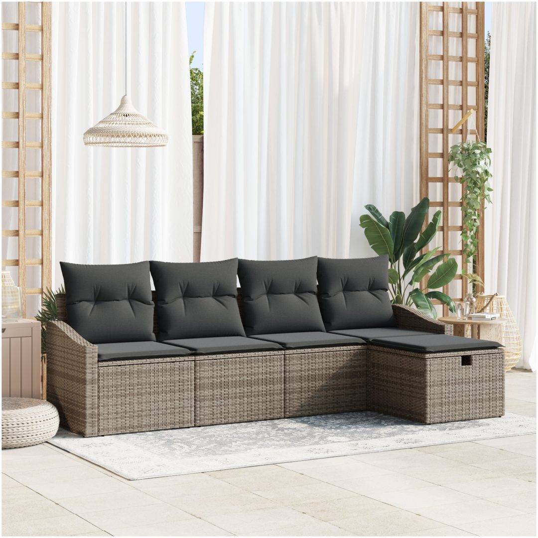 5 Delars trädgårdsoffuppsättning med kuddar - grå poly-rattan vidaXL 233 x 117 x 85 cm