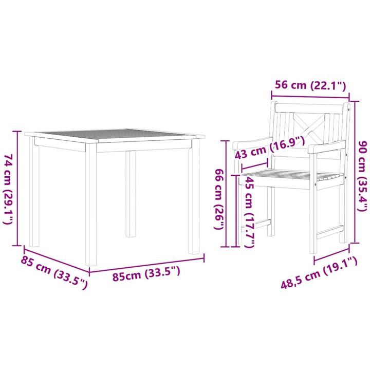 5-delars trädgårdsset i massivt akaciaträ vidaXL 85 cm bordslängd – bild 10