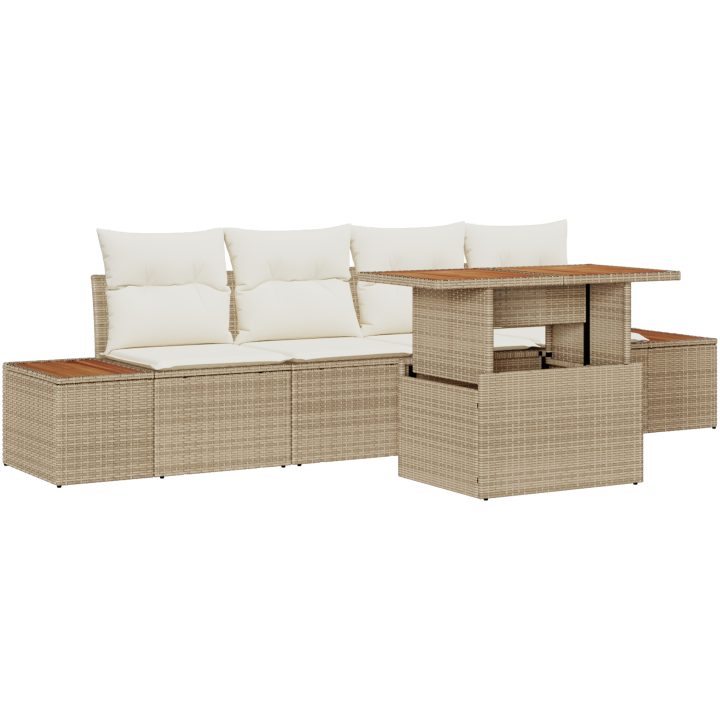 5-delars Trädgårdsset med beige kuddar i poly rattan och akacia vidaXL 100 x 55 x 73 cm – bild 2