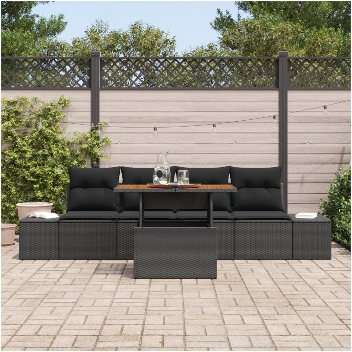 5-delars trädgårdsset med kuddar i svart poly-rattan och akacia vidaXL 100 x 55 x 73 cm – bild 3