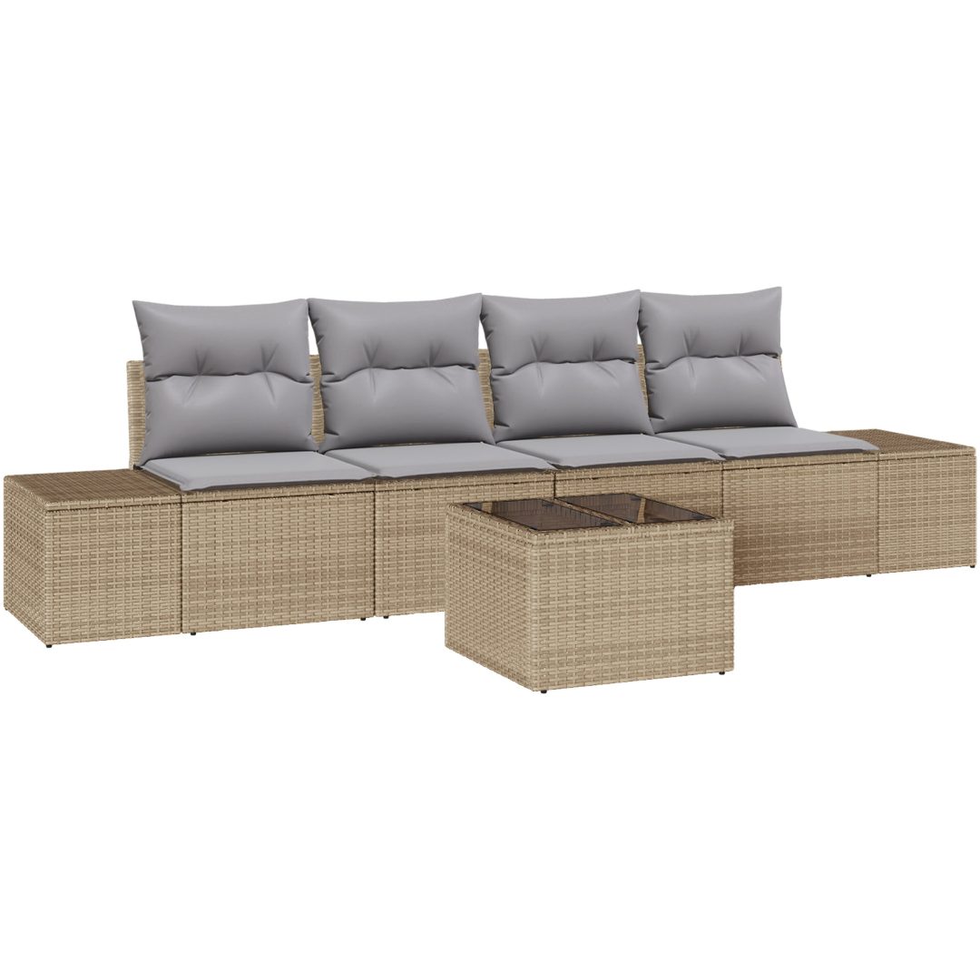5-delars Trädgårdssofa Uppsättning med Kuddar Beige Poly Rottin vidaXL 55 x 55 x 37 cm – bild 2