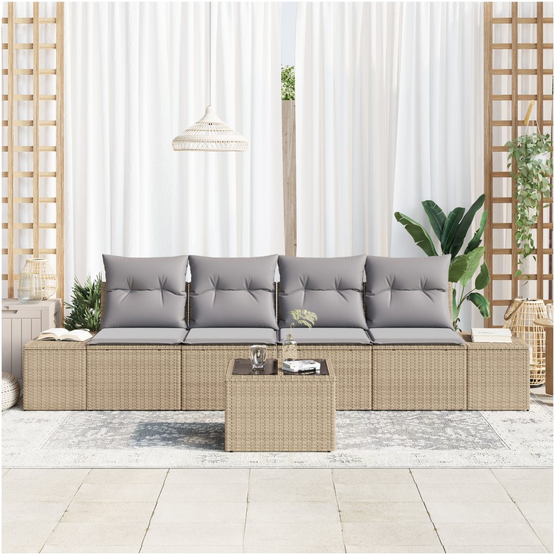 5-delars Trädgårdssofa Uppsättning med Kuddar Beige Poly Rottin vidaXL 55 x 55 x 37 cm – bild 3