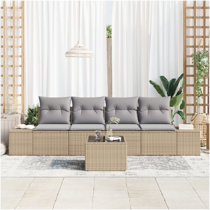 5-delars Trädgårdssofa Uppsättning med Kuddar Beige Poly Rottin vidaXL 55 x 55 x 37 cm – bild 3