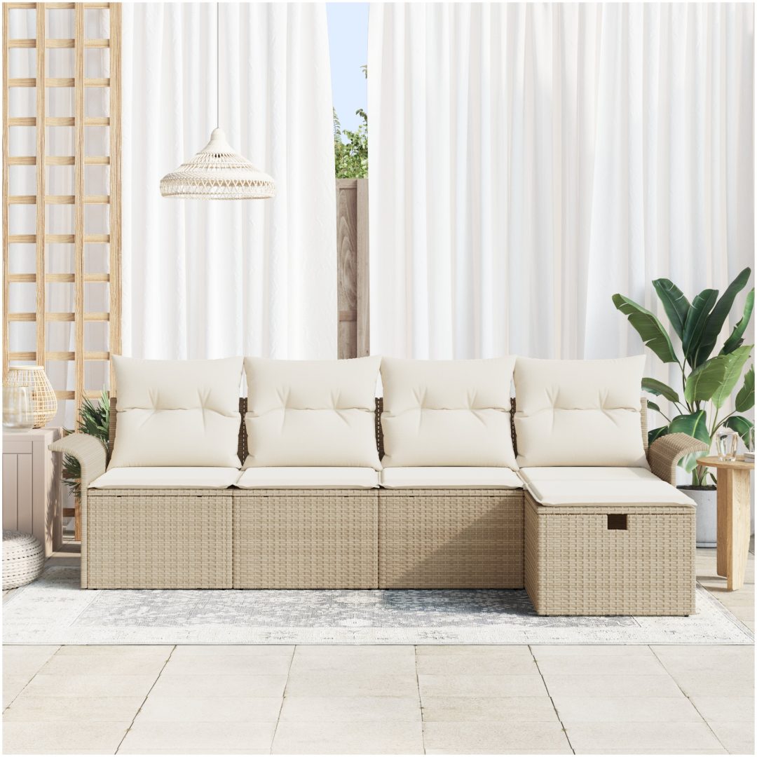 5-delars Trädgårdssofaset med Kuddar Beige Poly Rattan vidaXL 251 x 117 x 85 cm – bild 3