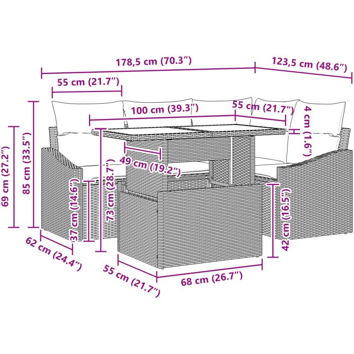 5-delars trädgårdssoff-set med kuddar i beige polyrotting vidaXL 100 x 55 x 73 cm – bild 11