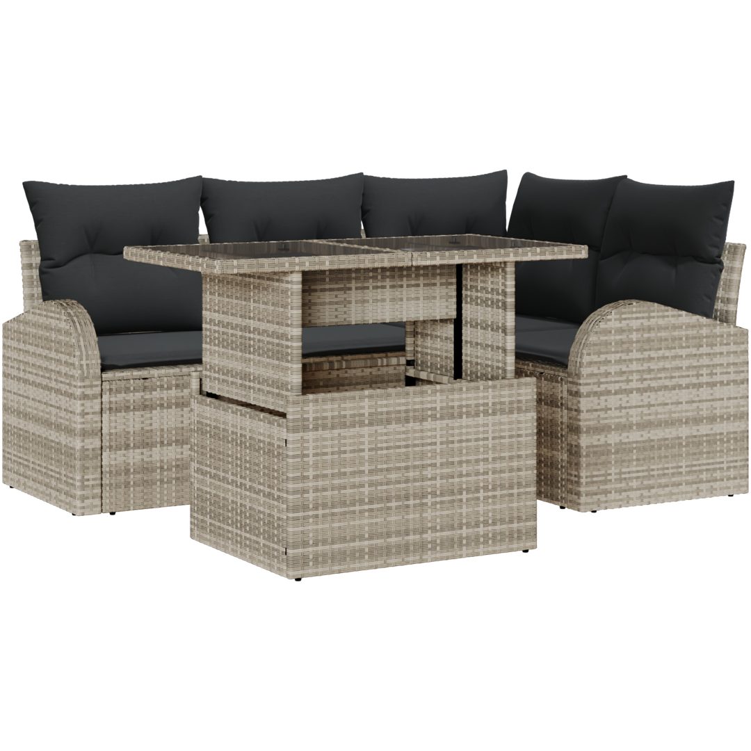5-delars trädgårdssoff-set med kuddar i ljusgrå polyrotting vidaXL 100 x 55 x 73 cm – bild 2