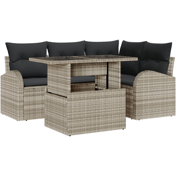 5-delars trädgårdssoff-set med kuddar i ljusgrå polyrotting vidaXL 100 x 55 x 73 cm – bild 2