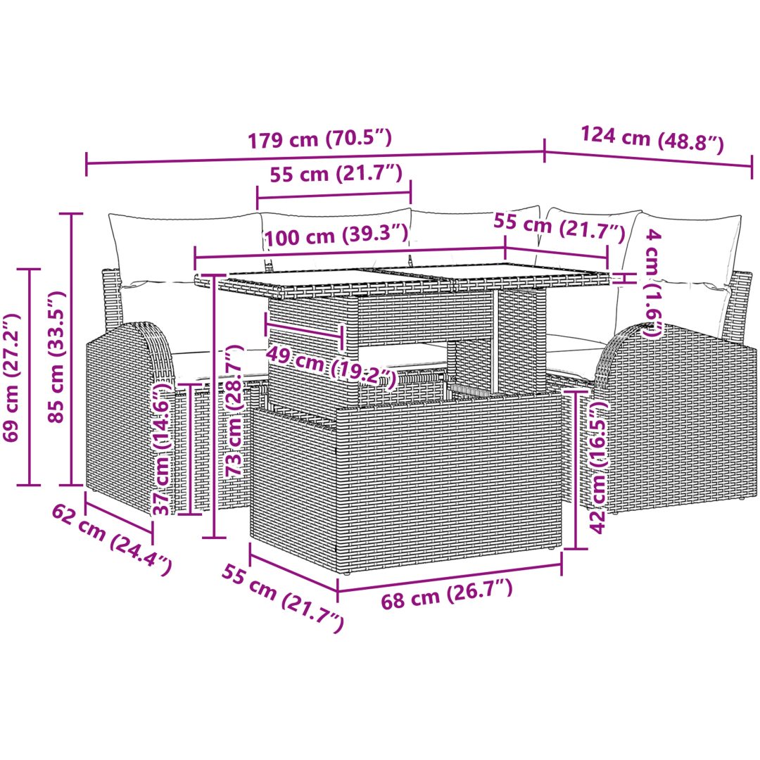 5-delars trädgårdssoff-set med kuddar i ljusgrå polyrotting vidaXL 100 x 55 x 73 cm – bild 11