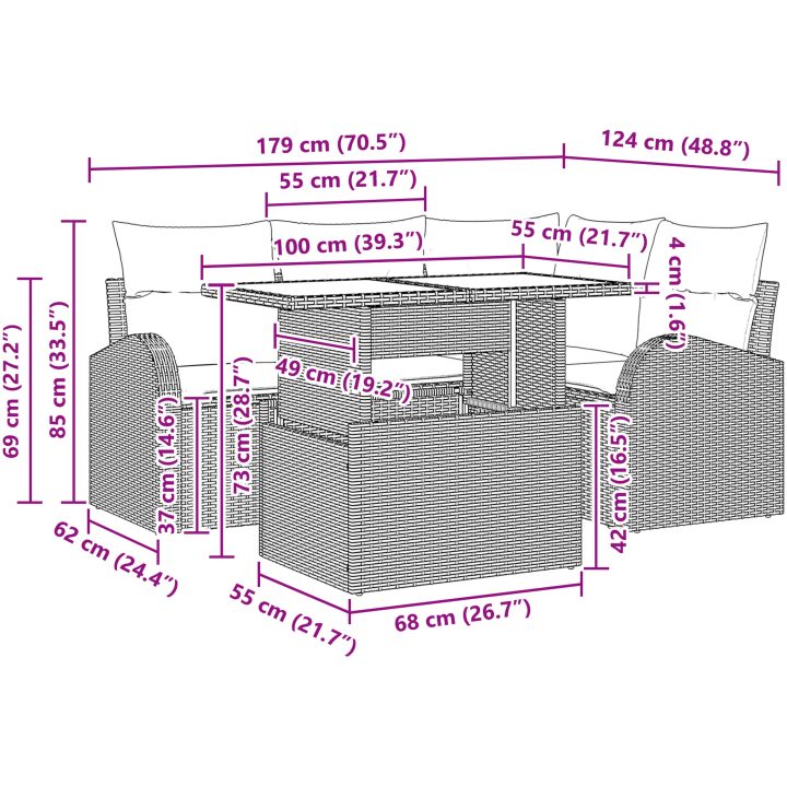 5-delars trädgårdssoff-set med kuddar i ljusgrå polyrotting vidaXL 100 x 55 x 73 cm – bild 11