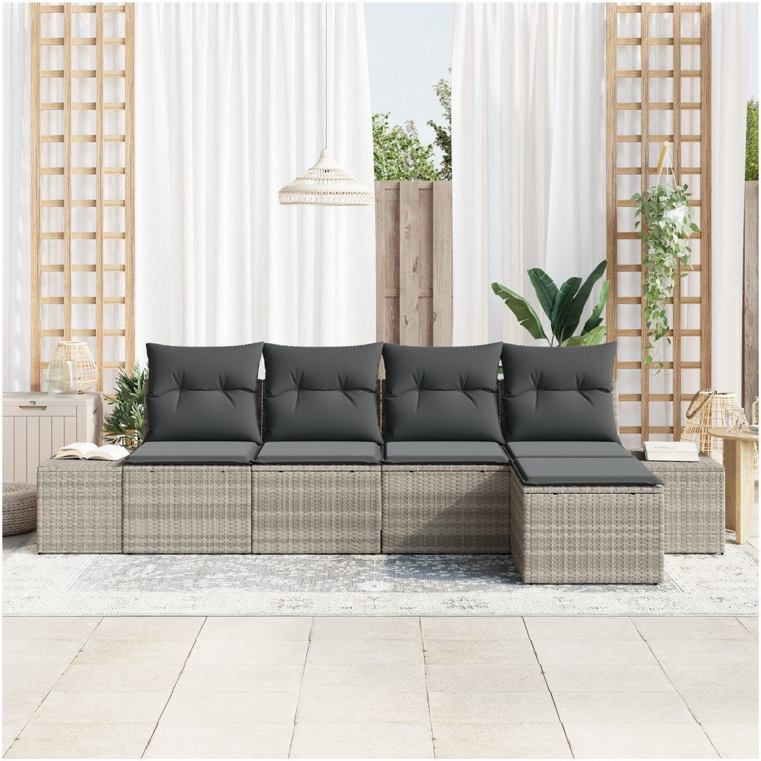 5-delars trädgårdssoff set med kuddar Ljusgrå Polyrotting vidaXL 294 x 117 x 85 cm – bild 3