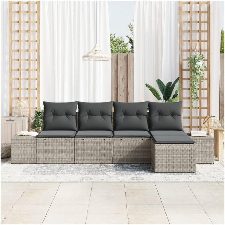 5-delars trädgårdssoff set med kuddar Ljusgrå Polyrotting vidaXL 294 x 117 x 85 cm – bild 3