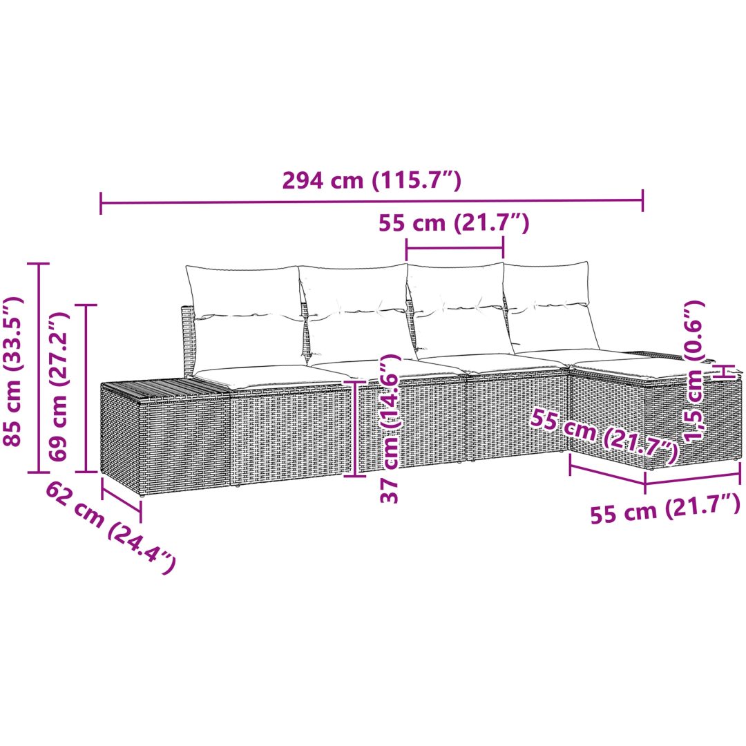 5-delars trädgårdssoff set med kuddar Ljusgrå Polyrotting vidaXL 294 x 117 x 85 cm – bild 8