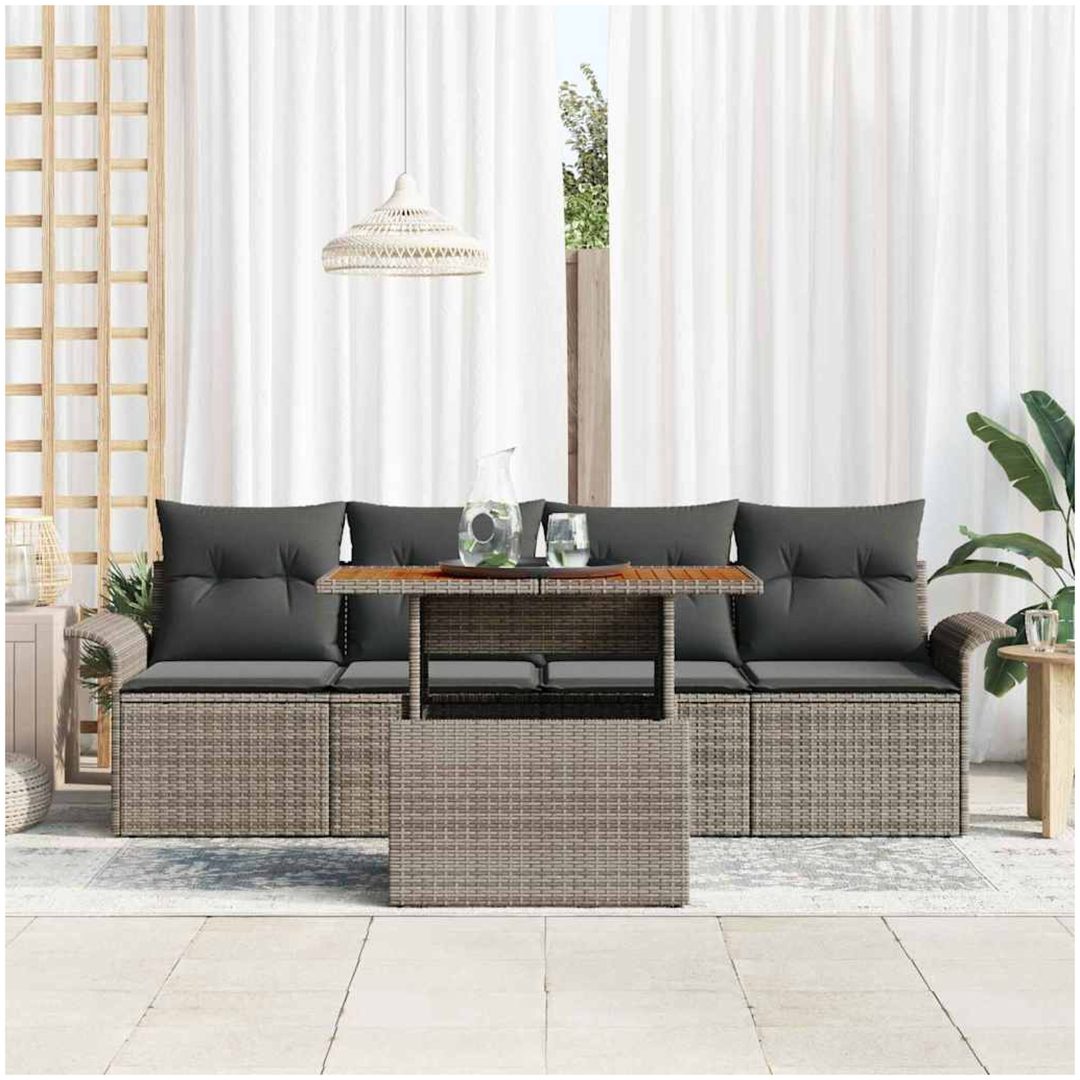 5-delars Trädgårdssoffa med Kuddar - Grå Poly Rattan och Akacia vidaXL 100 x 55 x 73 cm – bild 3