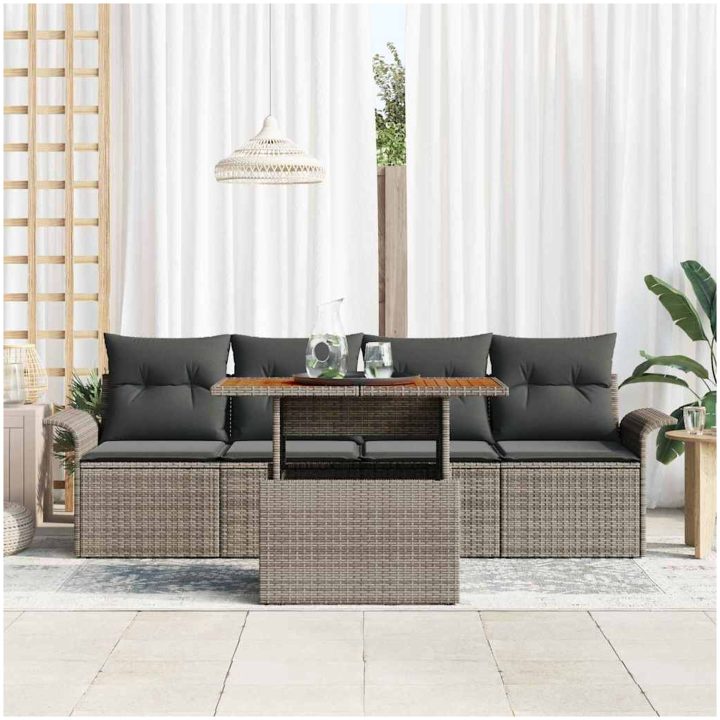 5-delars Trädgårdssoffa med Kuddar - Grå Poly Rattan och Akacia vidaXL 100 x 55 x 73 cm – bild 3