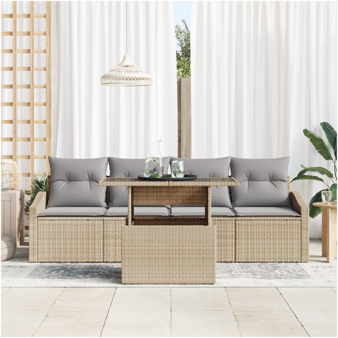 5-delars trädgårdssoffa med kuddar i beige poly rattan vidaXL 100 x 55 x 73 cm – bild 3