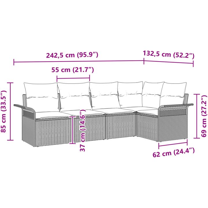 5-delars trädgårdssoffa med kuddar i beige polyrotting vidaXL 242.5 x 132.5 x 85 cm – bild 11