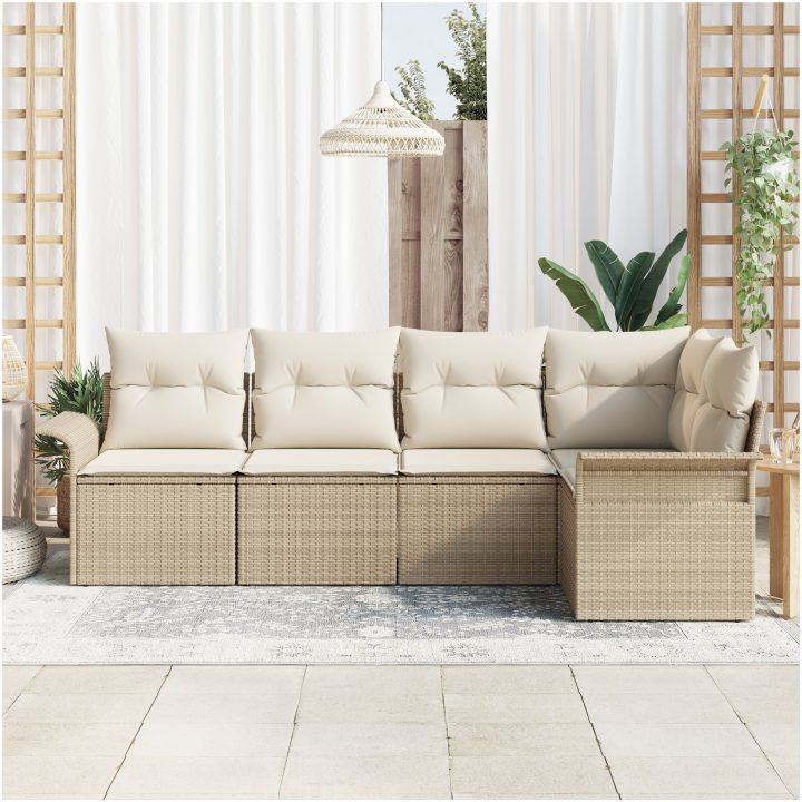 5-delars trädgårdssoffa med kuddar i beige polyrotting vidaXL 242.5 x 132.5 x 85 cm – bild 3