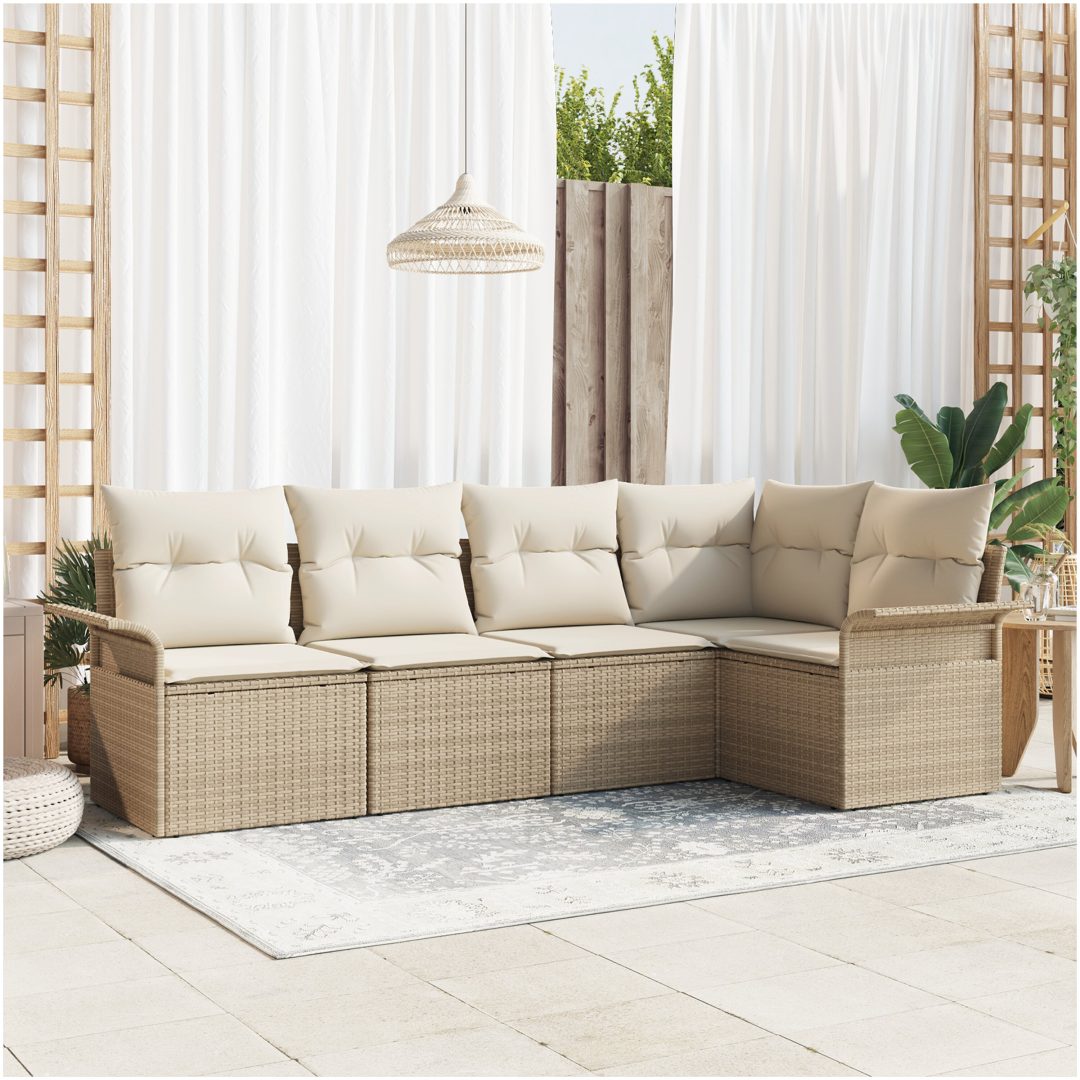 5-delars trädgårdssoffa med kuddar i beige polyrotting vidaXL 242.5 x 132.5 x 85 cm
