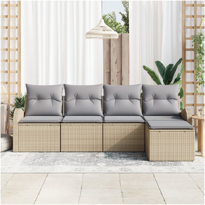 5 Delars Trädgårdssoffaset med Kuddar Beige Poly Rattan vidaXL Stor – bild 3
