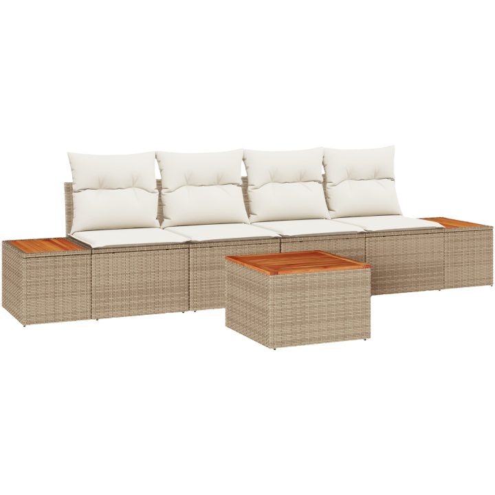 5-delars trädgårdssoffgrupp med beige kuddar i poly rattan och akacia vidaXL 55 x 55 x 37 cm – bild 2