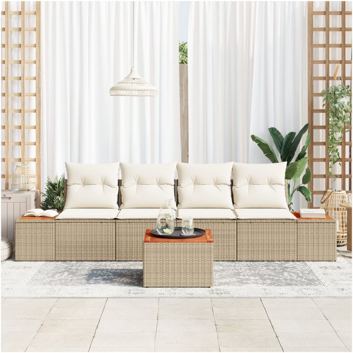 5-delars trädgårdssoffgrupp med beige kuddar i poly rattan och akacia vidaXL 55 x 55 x 37 cm – bild 3