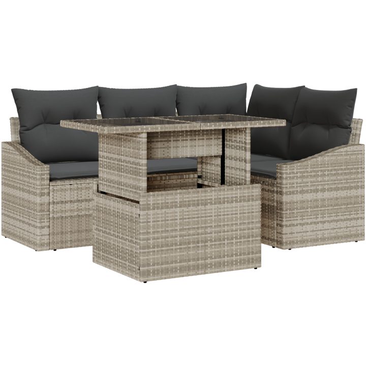 5-delars trädgårdssoffgrupp med kuddar i ljusgrå poly-rattan vidaXL 100 x 55 x 73 cm – bild 2