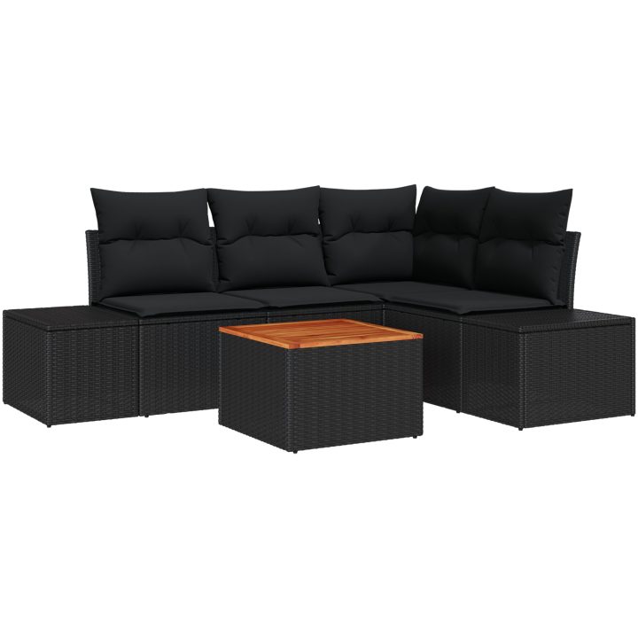 5-delars trädgårdssoffgrupp med kuddar i svart poly-rattan och akacia vidaXL 55 x 55 x 37 cm – bild 2