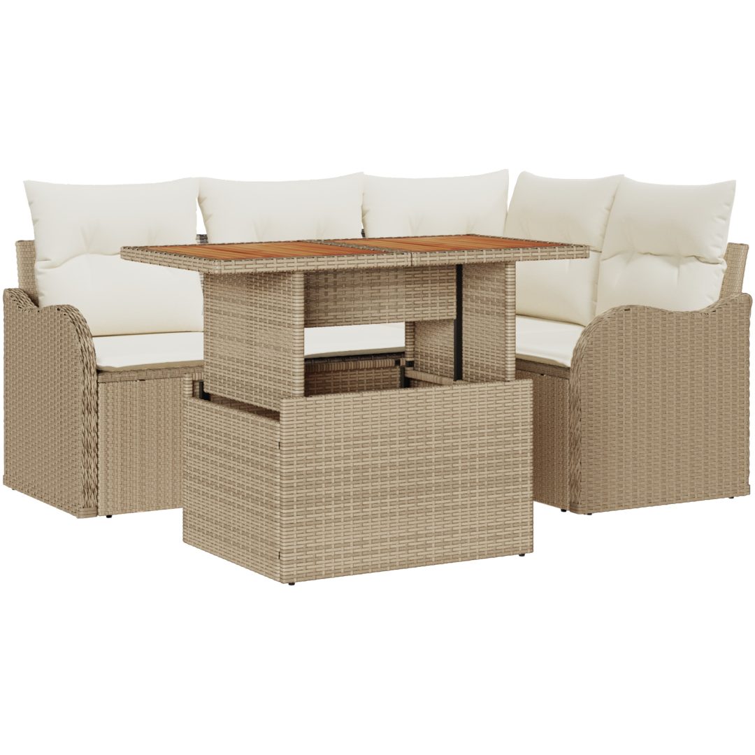 5-delars trädgårdssoffset med kuddar beige polyrotting akacia vidaXL Medium – bild 2