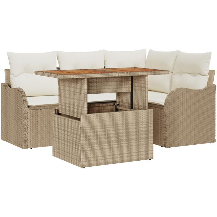 5-delars trädgårdssoffset med kuddar beige polyrotting akacia vidaXL Medium – bild 2