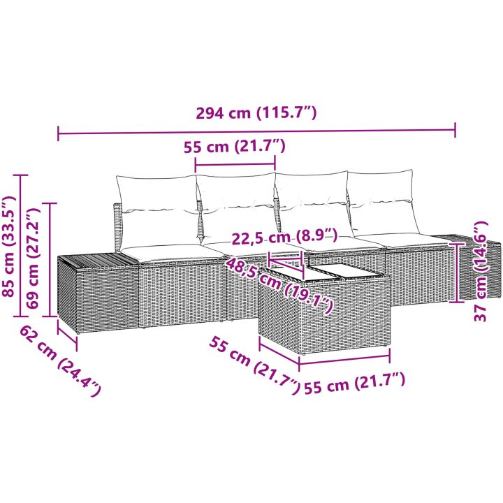 5-delars trädgårdssoffset med kuddar Brun Poly Rattan vidaXL 55 x 55 x 37 cm – bild 11