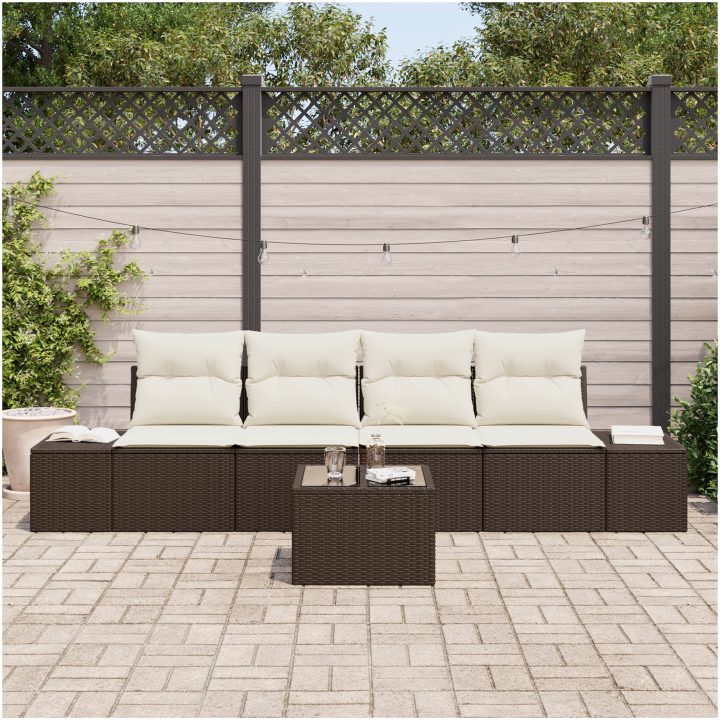 5-delars trädgårdssoffset med kuddar Brun Poly Rattan vidaXL 55 x 55 x 37 cm – bild 3