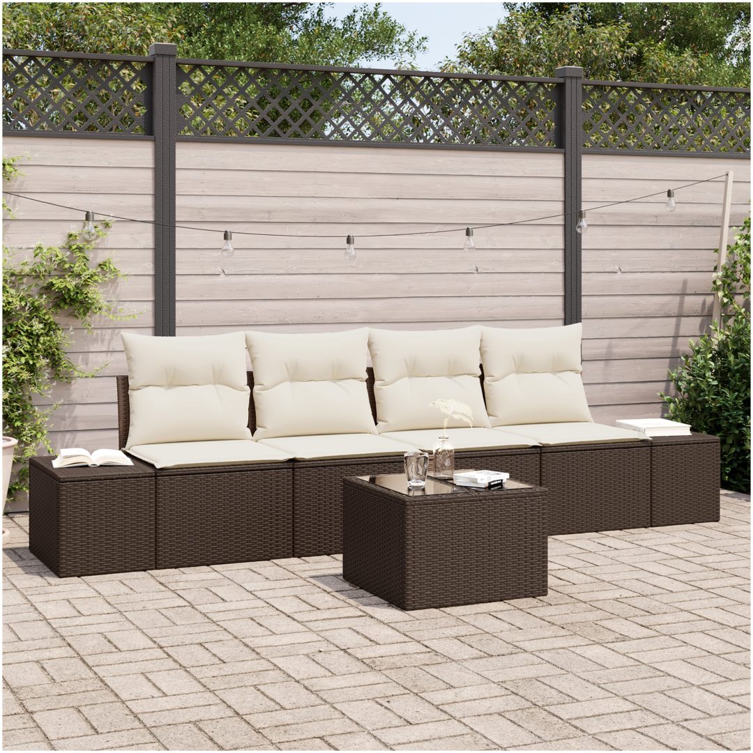 5-delars trädgårdssoffset med kuddar Brun Poly Rattan vidaXL 55 x 55 x 37 cm