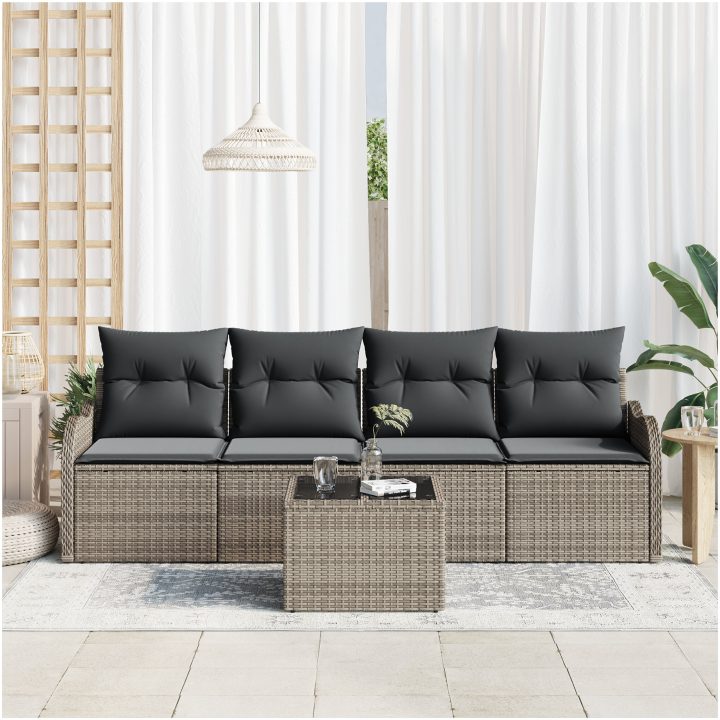 5-delars Trädgårdssoffset med Kuddar Grå Poly Rattan vidaXL Standard – bild 3